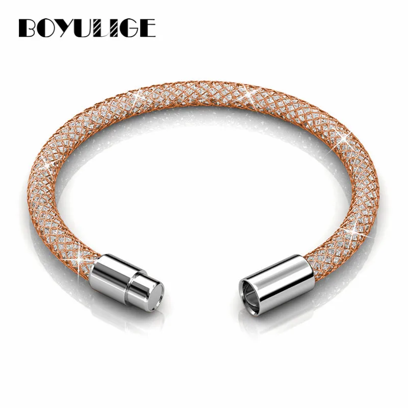 

BOYULIGE High Quality Gold Silver Rosegold Titanium Steel Mesh Bracelets Bangle For Women Fashion Jewelry Crystal Men bracelet