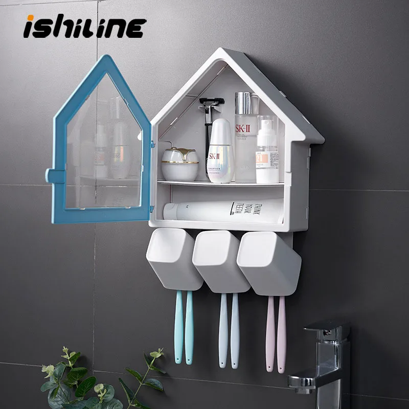 

Small House Toothbrush Holder Wall Mounted Double Layer Storage Rack Multifunctional Bathroom Accessories Sets