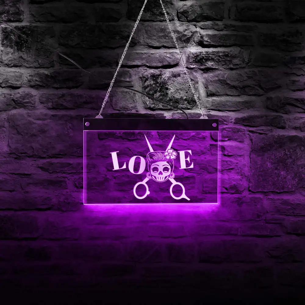 

Stylist Barber Hair Cut Salon Scissor Multi-colors LED Neon Sign Love Hairdresser Skull Hair Stylisty Luminous Beauty Salon Logo
