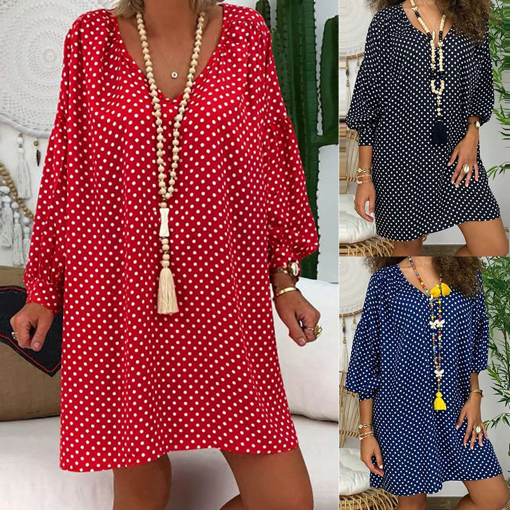 Women Size Loose Polka Dot Long Sleeve V-neck Mini Length Dress plus size dresses for women Dress sukienka robe party dress