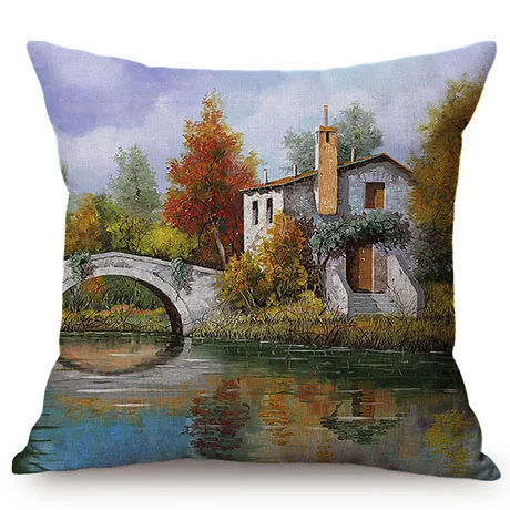 Beautiful Countryside Scenery Happy Cottage Childhood Memory Oil Painting Home Decor Throw Pillow Case Sofa Chair Cushion Cover K120-6
