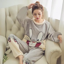 2018 Autumn Winter Women Pajamas Set Sleep Jacket Pant Sleepwear Warm Nightgown Female Cartoon Bear Animal Pants Sleepwear