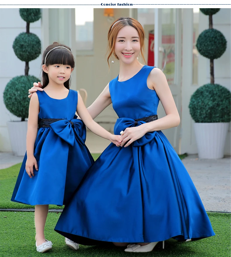 Performance Family Clothing Summer Dress Solid Bow Princess Mother