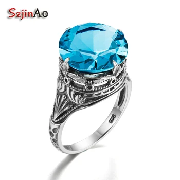 

Szjinao Fashion Impressive sky Blue Aquamarine Ring Real 925 Sterling Silver Jewelry Ancient Handmade Rings Wholesale