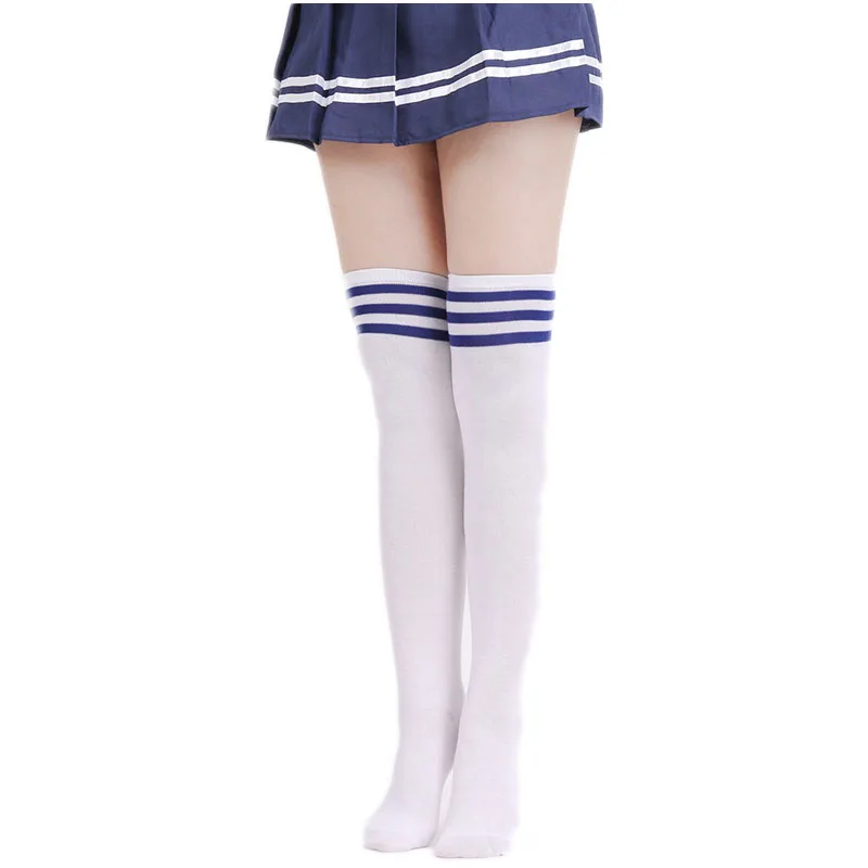 KHKF 2018 High Sexy Cotton Socks Women's Striped Over Knee Girl Lady Black White 3 line Striped Casual Cosplay Cute Style Socks