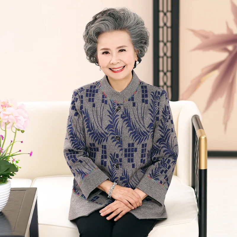 2017 Grandma Spring Jackets Button Front Basic Coats Elderly Women's Elegant Jacket Flower Print Coat Chinese Woman Outerwear XL