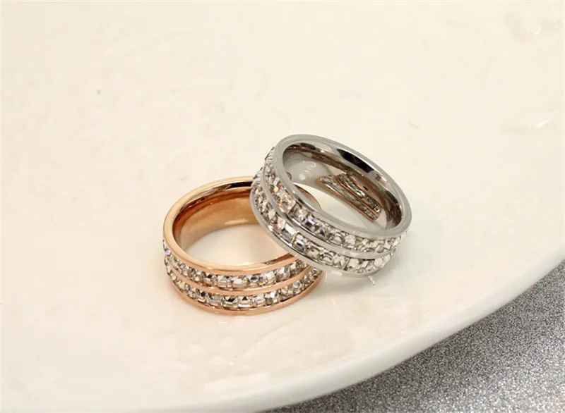 Серебро/розовое золото и Титан Сталь двухрядные CZ кольца для Для женщин/Для мужчин Нержавеющая сталь с украшением в виде кристаллов циркон кольцо ювелирное обручальное кольцо R063