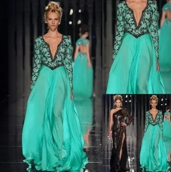 Abed Mahfouz Turkey Kaftan Long Sleeves V Neck Beaded Green Evening Dresses 2013 New Arrival Chiffon Prom BO1831 | Свадьбы и