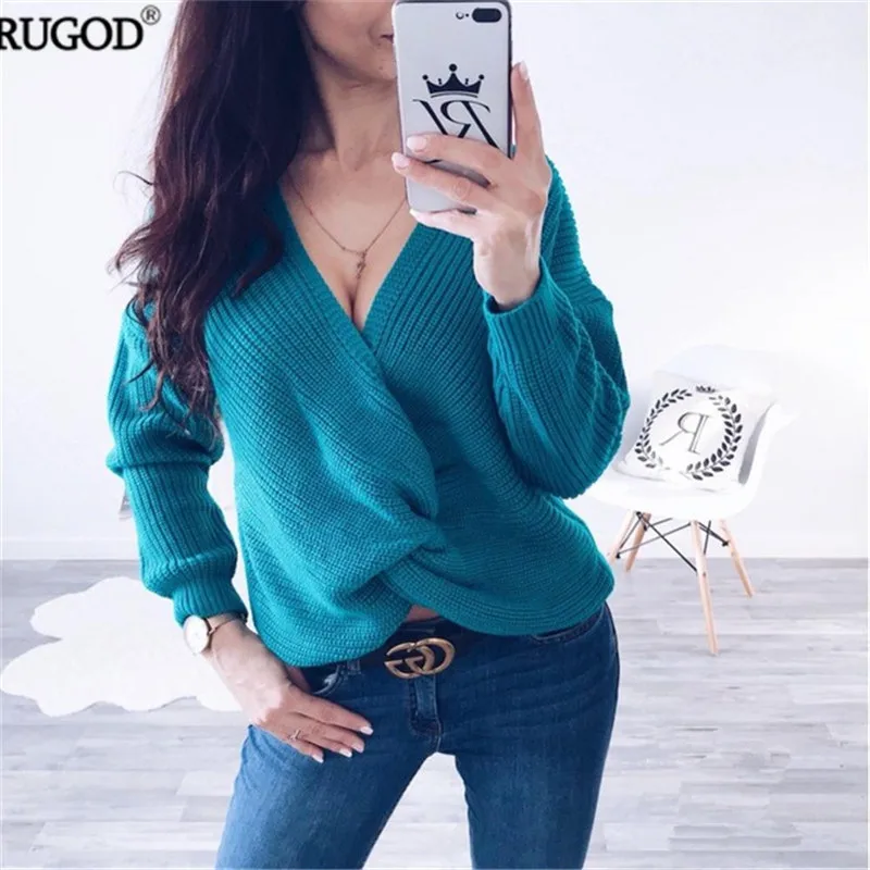 

RUGOD New Sexy Criss-Crossed V Neck Pullover Loose Jumper Women Autumn Winter Warm Knitted Sweater Women Sweaters and Pullovers