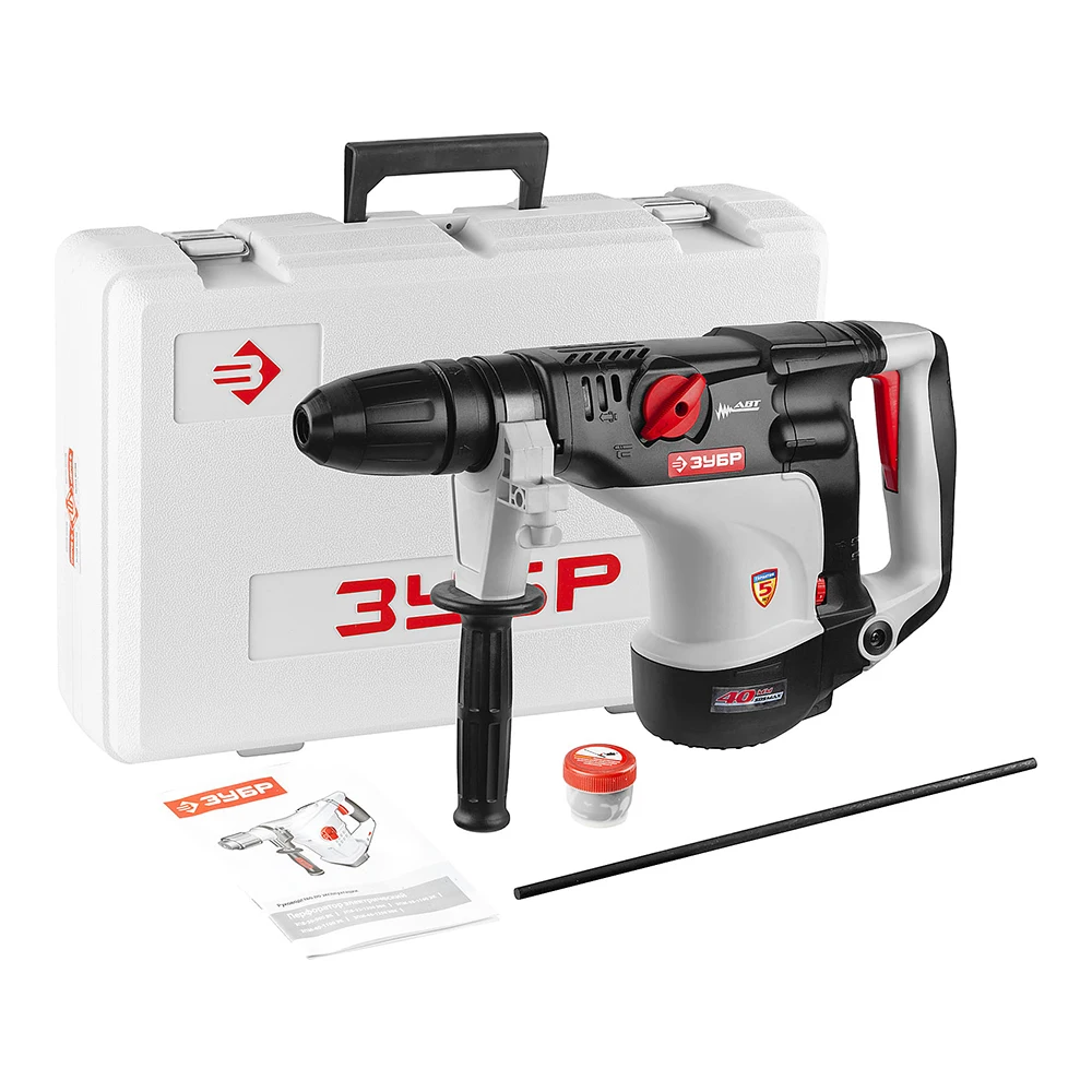 Перфоратор электрический ЗУБР ЗПМ-40-1100 ЭК (Мощность 1100 Вт, энергия удара 12 Дж, скорость вращения 500 об/мин, частота ударов 2800 уд/мин, антивибрационная система, кейс)