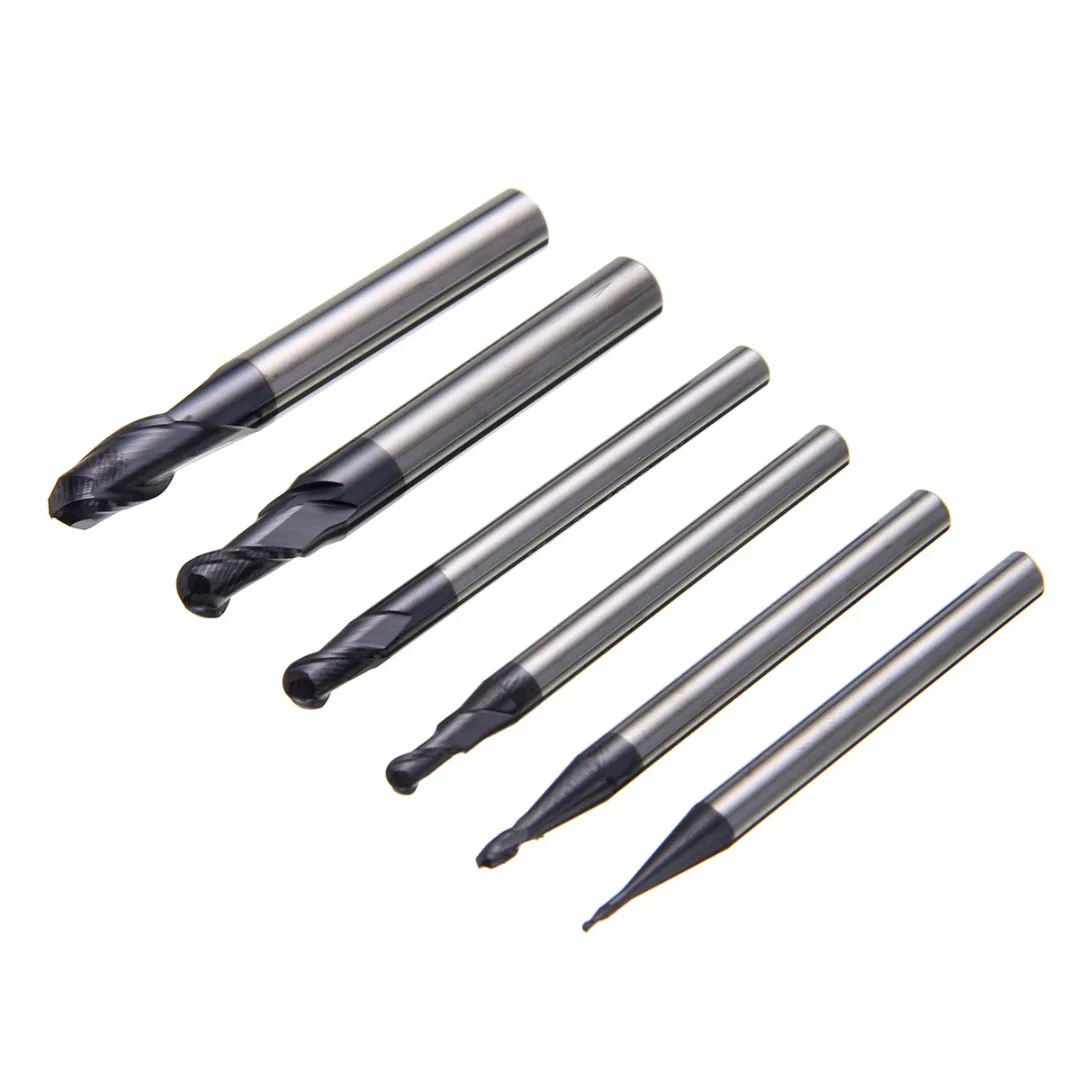 6pcs Ball Nose 2 Flute End Mill Set Solid Carbide CNC Milling Cutting Bit Nitrogen Coated R0.5/1.0/1.5/2.0/2.5/3.0mm
