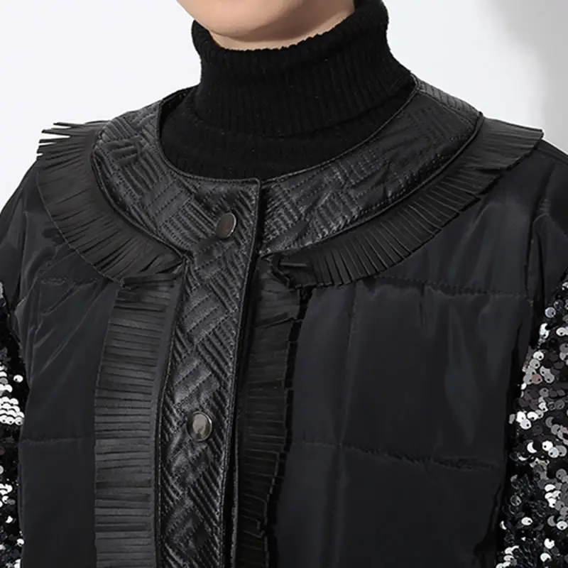 Femmes Corée Zll2516 Large Poitrine xitao Long Unique Stand Automne À Couleur Solide Parka Col Black 2018 Paillettes De Taille Mode fwFtqUYt