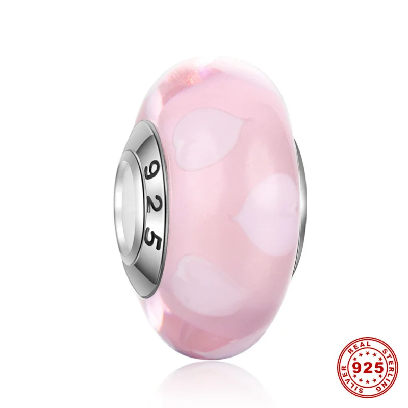 

5pcs Authentic 925 Sterling Silver Core Pink Heart Lampwork Murano Glass Charm Beads Fit European Charm Bracelet Necklace DSG14