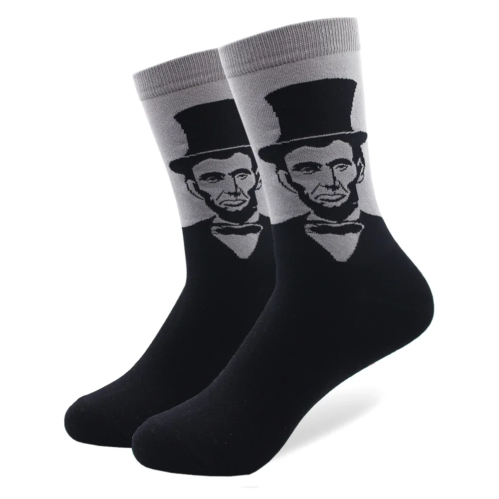 5 пар/лот, мужские носки из чесаного хлопка, Носки с рисунком знаменитых людей, Длинные забавные Повседневные носки Lincoln President, Размер США 7,5-12