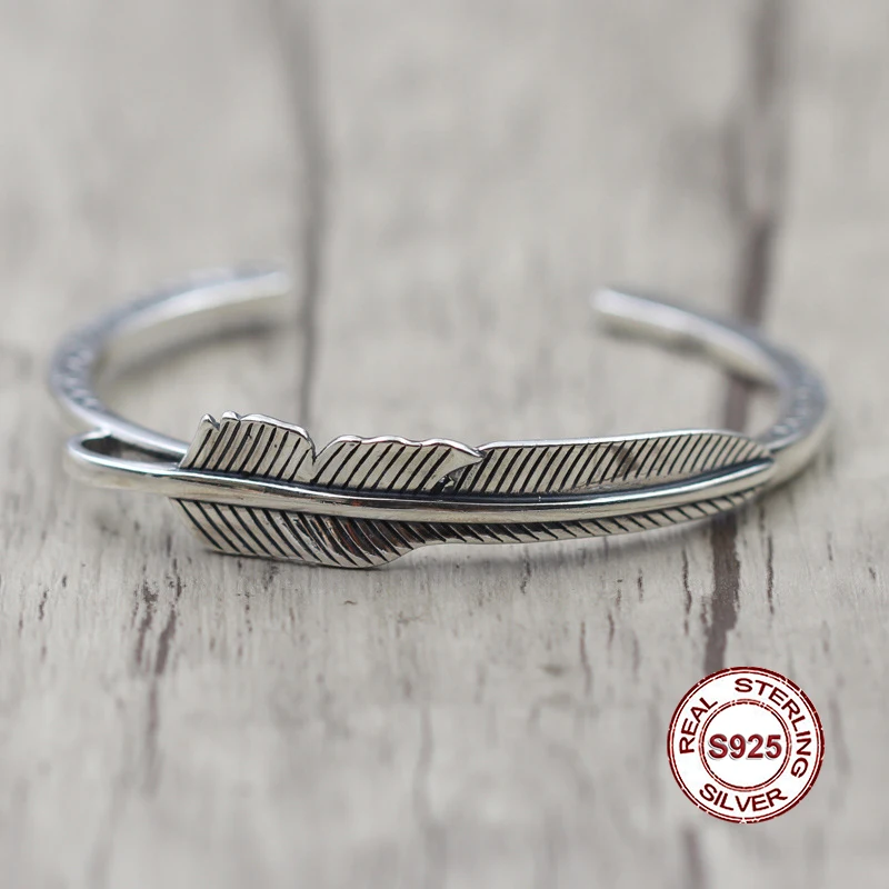 

S925 angles Sterling Silver Men's Open Bracelet Indian retro style Personality trend Feather series Send a gift to love