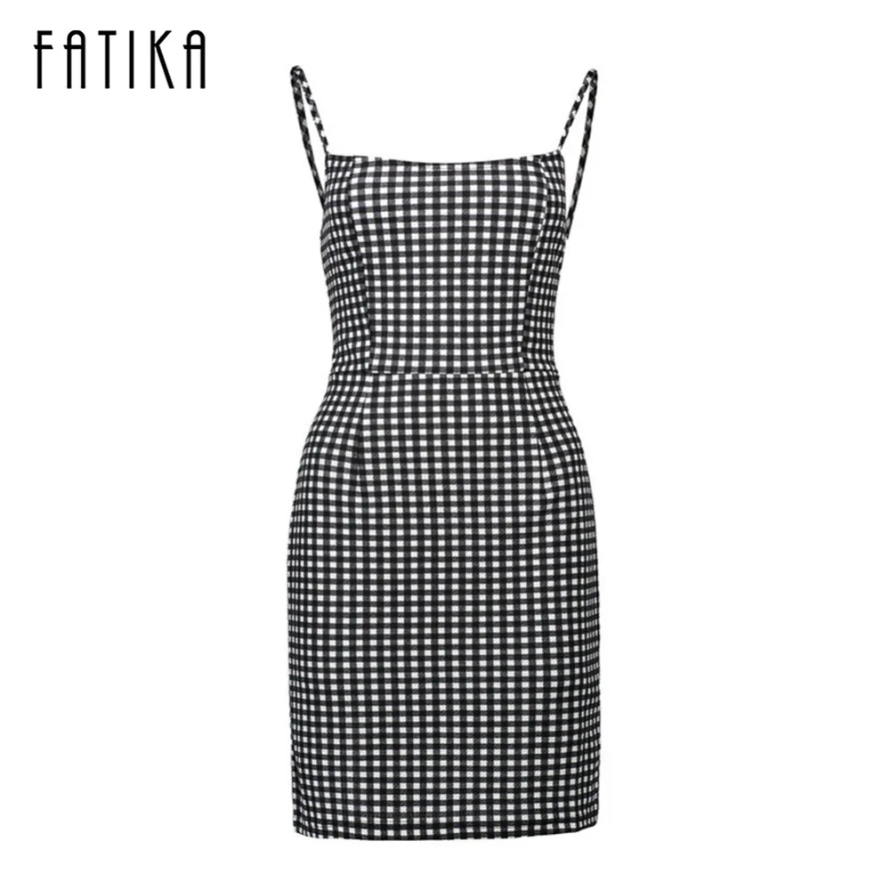 

FATIKA Spring Summer Women Fashion Plaid Strapless Mini Dress Female Sexy Sleeveless Spaghetti Strap Zippers Back Pencil Dresses