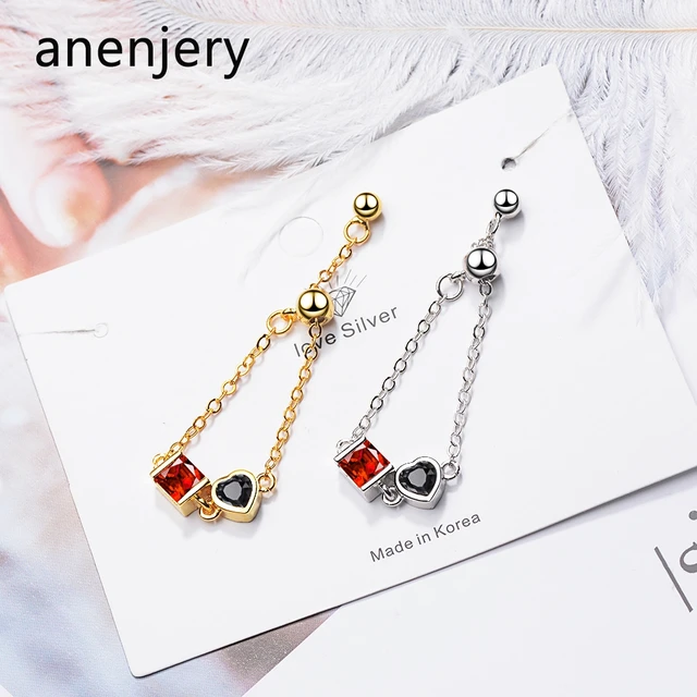 Anenjery-anillos con cadena de corazón para mujer, dos colores, plateado ajustable, S-R384 Anenjery-anillos con cadena de corazón para mujer, dos colores, plateado ajustable, S-R384