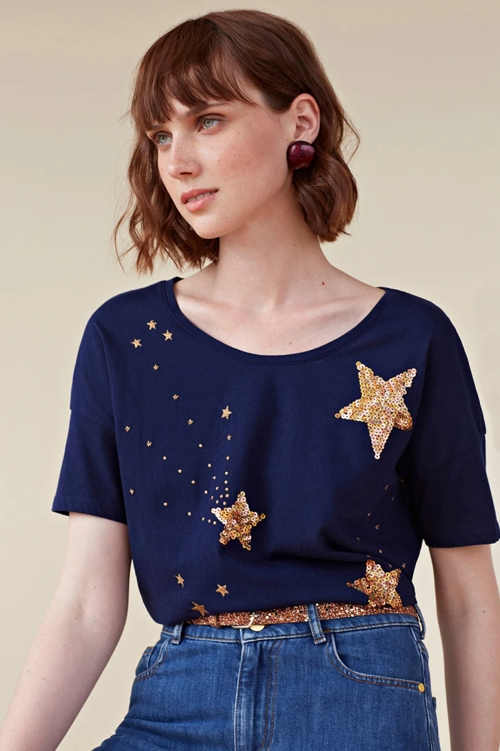 Women T-shirt 2019 Spring Summer Dark Blue Cotton Sequin T-Shirt