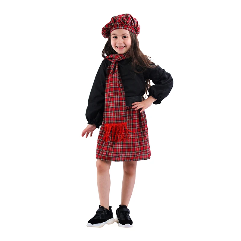 

Girls Sweet Scottish Girl Costumes Adult Carnival Party the Pretty Scotland School Girl Dress-up with Plaid Hat Scarf Dress