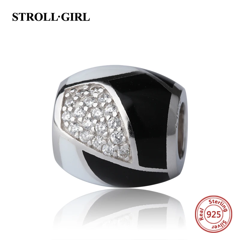 StrollGirl high polish black&white charms with CZ 925 silver vintage beads fit original pandora bracelet jewelry making men gift