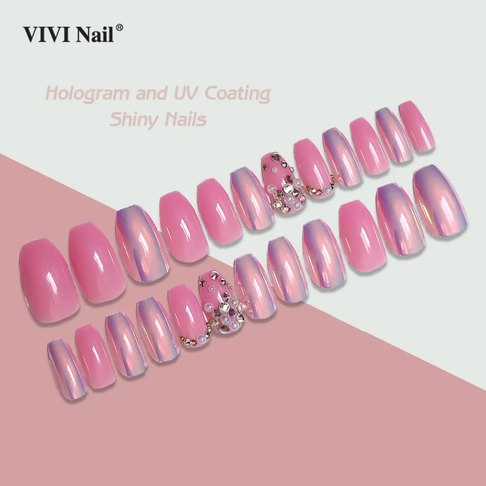 

Pre-glue Crystal Coffin False Nails with Designs Press on 3D Hologram Pearl Ballerina Fake Nail Tips Adhesive Sticker Nail Art