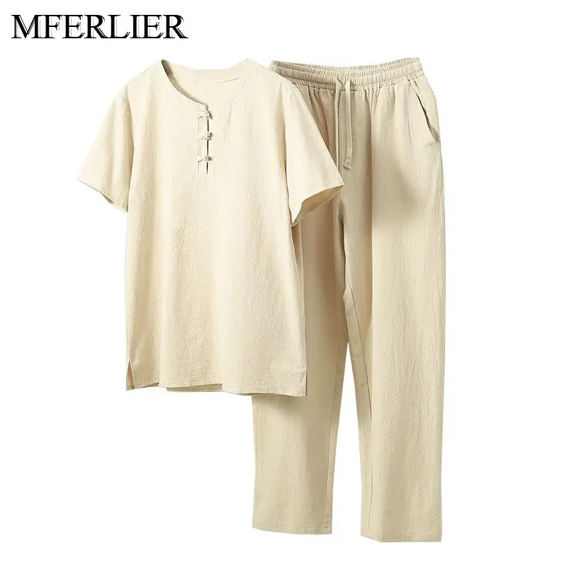 

MFERLIER Summer Men Shirt 5XL 6XL 7XL 8XL 9XL 10XL Bust 157cm Loose Large Size Shirt With Pants 5 Colors