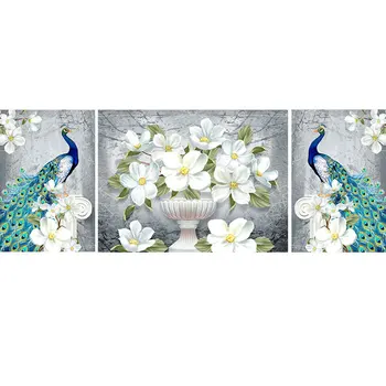 

5D new DIY diamond painting triptych peacock flower full round diamond handmade mosaic livingroom decor