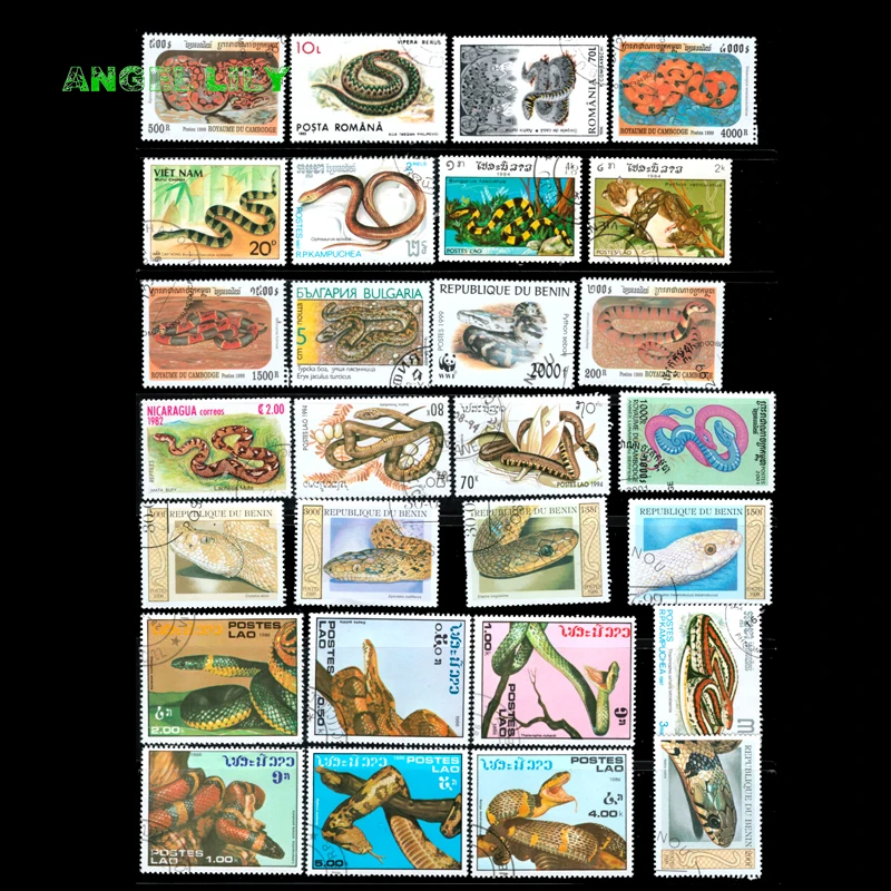 100 PCS All Different Reptiles Unused Postage Stamps With Post Mark For Collection