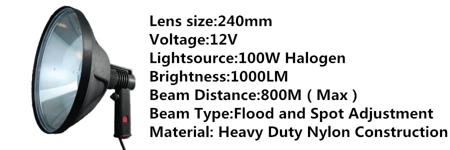 HH1" 12 V 100 Вт галогенный для охоты Точечный светильник 1000LM 240 мм пятна или луч морской светильник поиск Точечный светильник, украшенное мозаикой из драгоценных камней, 12V гнездовой разъем