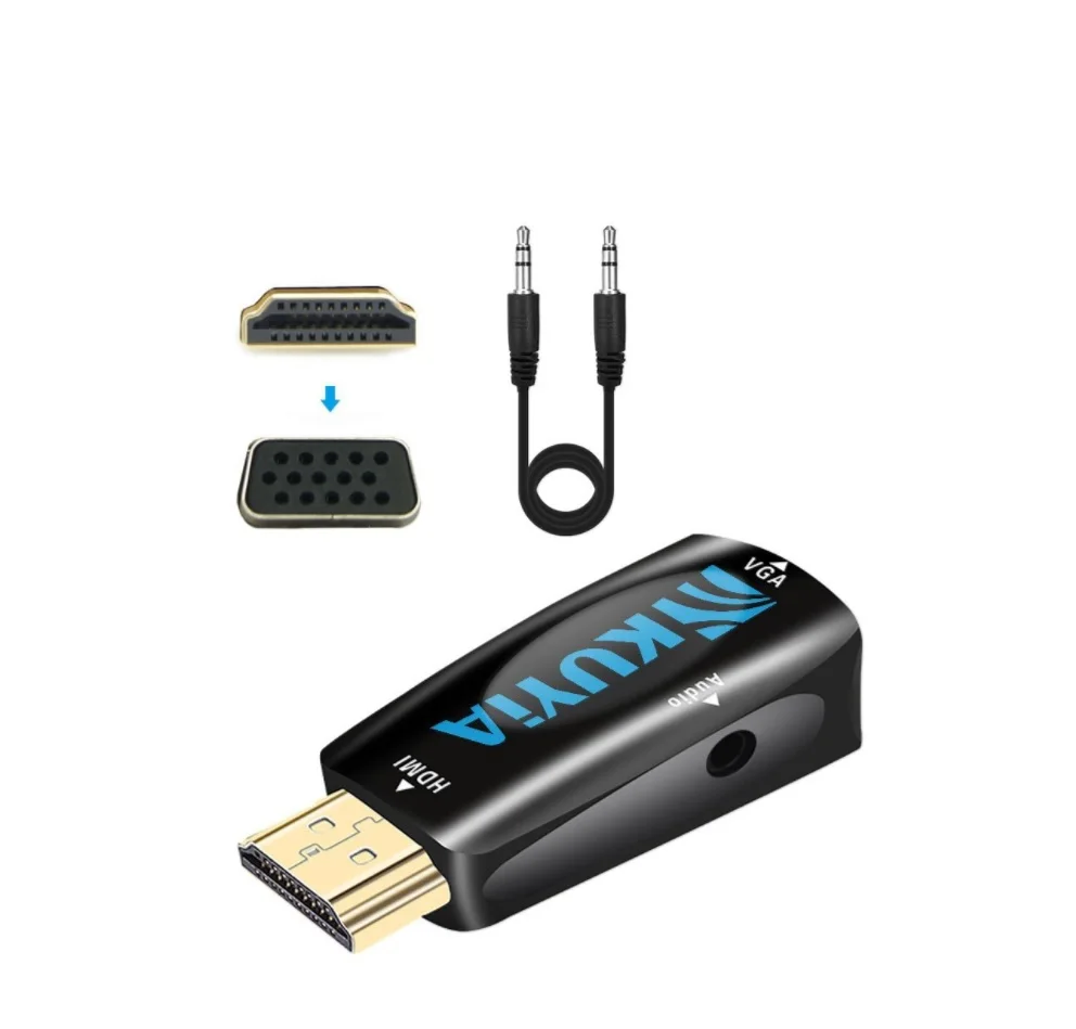 HDMI к VGA, KUYiA адаптер hdmi-vga портативный позолоченный активный 1080 P HDMI штекер вставной конвертер для VGA с 3,5 мм аудио портом