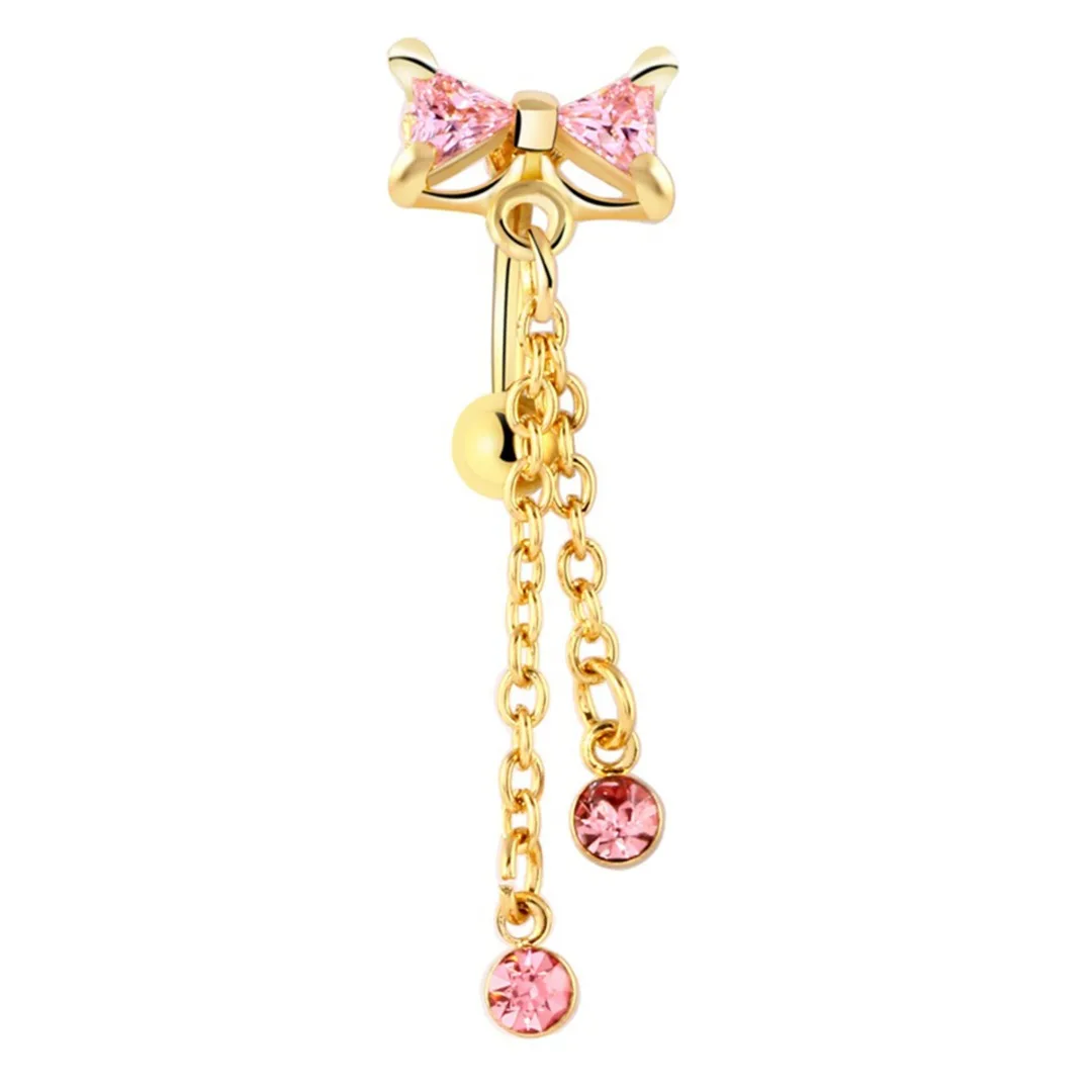 Women Bowknot Crystal Dangle Barbell Belly Button Ring Trendy Gold Color Rhinestone Navel Piercing Body Jewelry Gift Shellhard