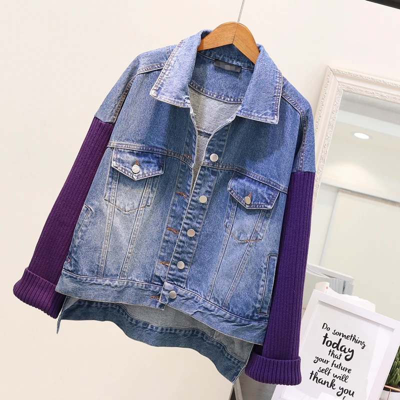 

Spring Autumn Women Splice Knit Sleeve Bomber Denim Jacket Student Big size Loose Ladies Short Jeans Jacket Coat Women Outerwear