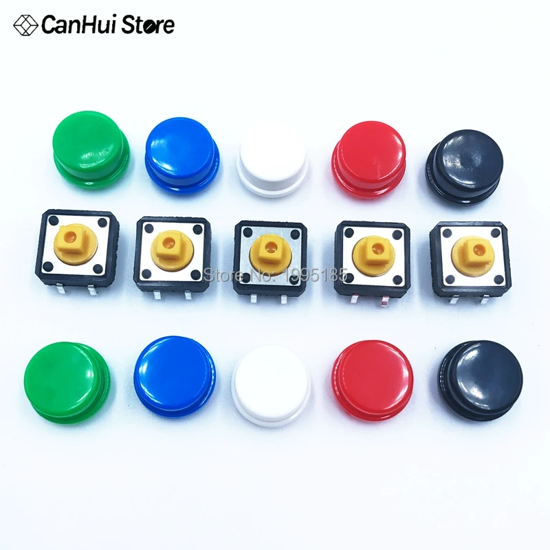

Plastic Tactile Switch PCB Tact Push Button Momentary Switch 12x12x7.3 4 Pins 10pcs+5 Color Button Cap Each 2pcs 12*12*7.3mm Hot