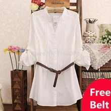 XXXL Plus size 2015 Brand New Women Casual cotton solid long sleeve Women white Shirt Loose long Blouses Ladies’ Shirt/Free belt