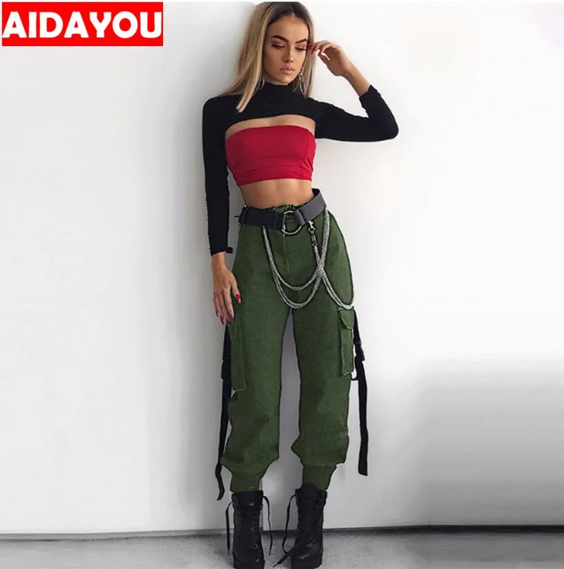 

Cargo Pants Womens Casual Joggers High Waist Loose Female Trousers Korean Japanese style Military BDU Motorcycle ouc361
