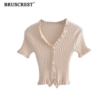 

Spring Kawaii Crop Sweater Women Cardigans Vintage Ruffle Trim Short Sleeve Deep V Neck Pink Black Knit Tops Streetwear