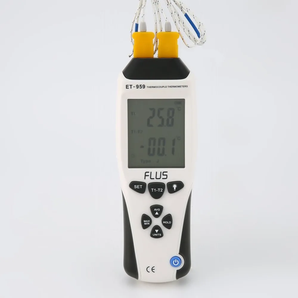 

FLUS ET-959 Digital Dual K-type J-type Thermocouple Thermometer Contact Temperature Meter LCD Handheld Tester Pyrometer