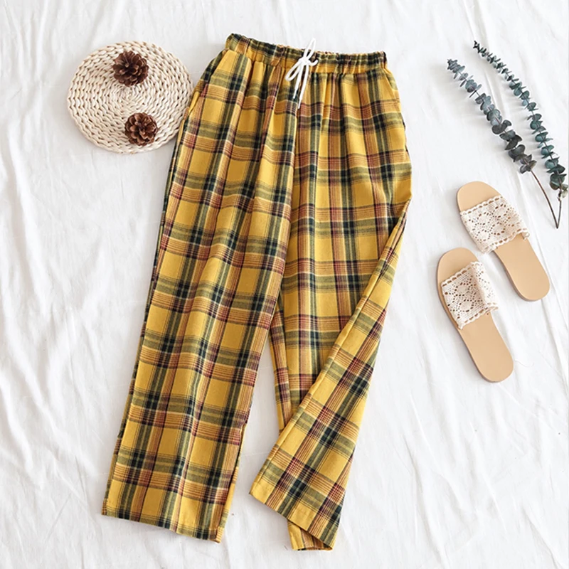 

Vintage Yellow Plaid Japanese Harajuku Summer Pants Women Casual Drawstring Ankle Length Loose Wide Leg Pants Yellow