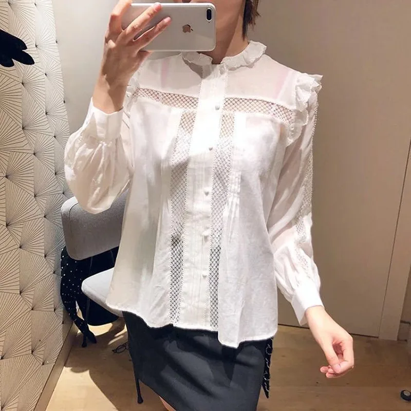 

New Womens Tops and Blouses Cotton ladies Shirts Ruffle Long Sleeve Elegant Shirt White with Buttons