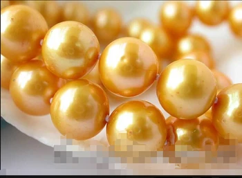

FREE SHIPPING 9-10mm 100% natural gold round freshwater pearl necklace 18inch