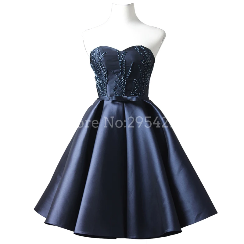 

Navy Blue Short Prom Dress A Line Sweetheart Beading With Bow Sash Mini Short Party Cocktail Dress Homecoming Gown