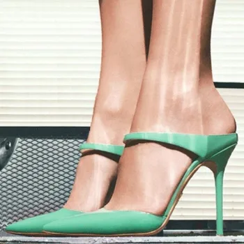 

shofoo shoes.Simple fashion women's shoes , green leather, 11 cm high heel cool drag, toe pointed cool drag, ladies shoes.