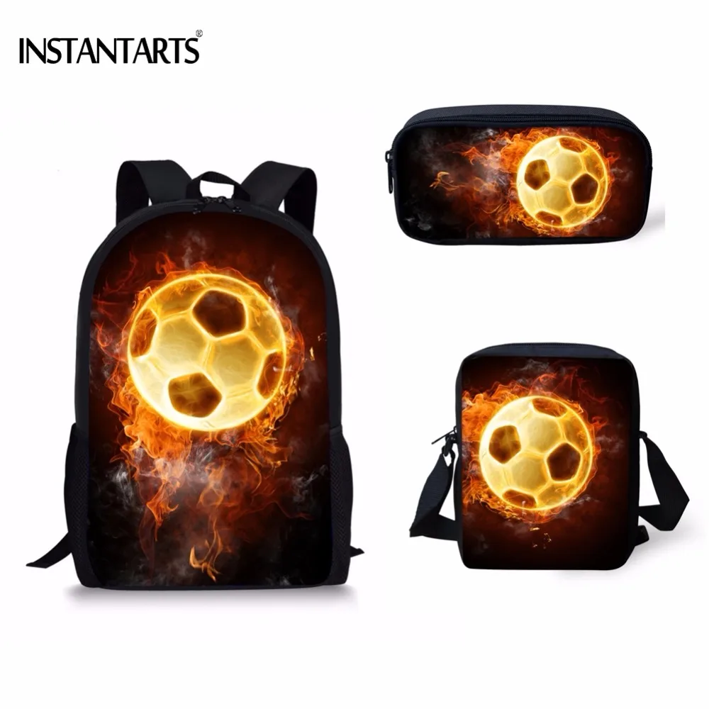 INSTANTARTS 3D Printing Fire Soccerly Print 3PCS School Bags for Teenage Boys Casual Foot Ball Middle Students Backpacks | Багаж и сумки