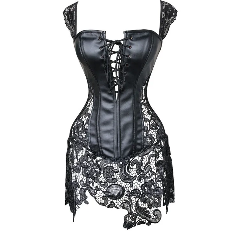 2015 Sexy Women Black Faux Leather PU Espartilho Lace Corset Punk Gothic Bustier Slimming Waist Lingerie Shapewear Plus Size 3XL 