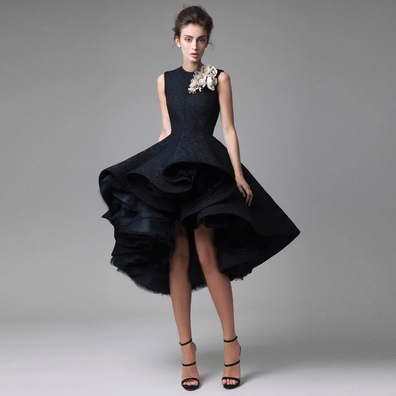 

Vestidos Robe De Soiree Hi Low Formal Dress Midi Length Party Dresses Flower Black Gowns Formal Custom Made