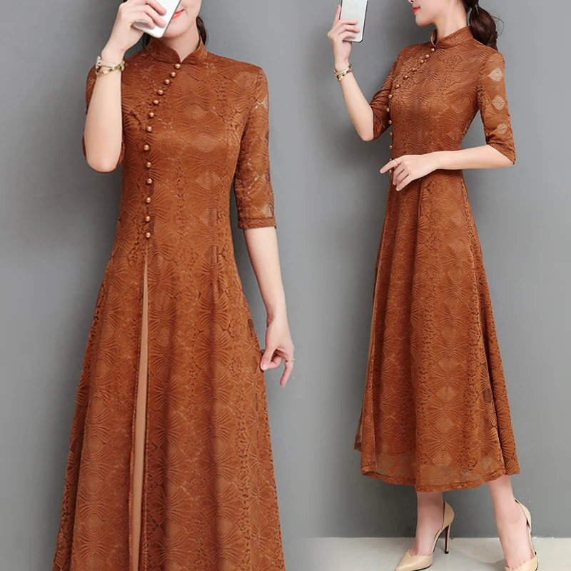 2019 летнее платье пачка для женщин с кружевной отделкой и длинными Cheongsam модные