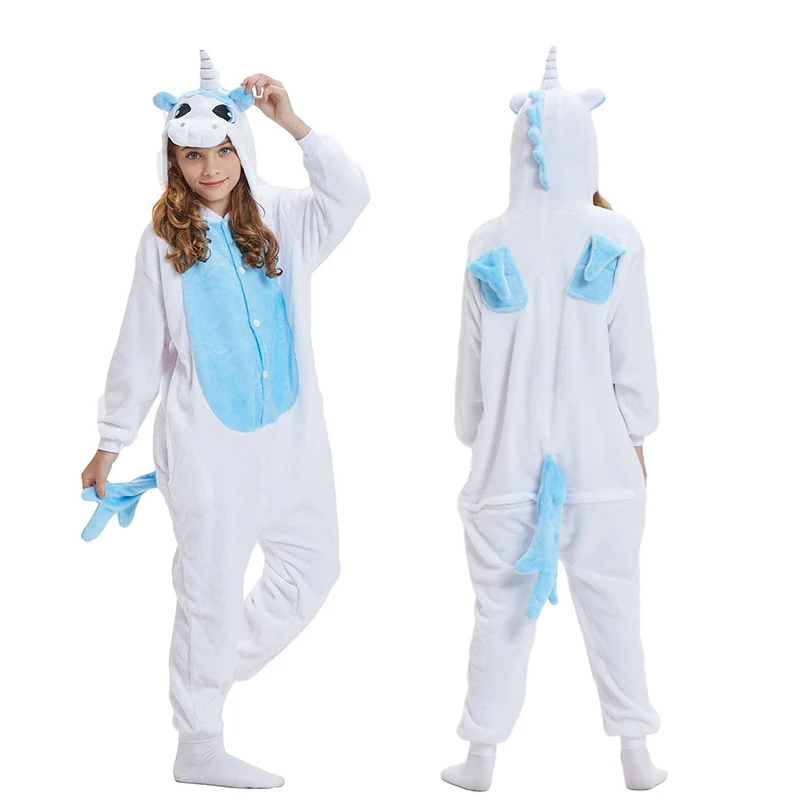 Зимние пижамы кигуруми для мальчиков и девочек; комбинезон с единорогом и аниме-животными; детская одежда для сна; фланелевый теплый комбинезон; детские пижамы - Цвет: blue unicorn