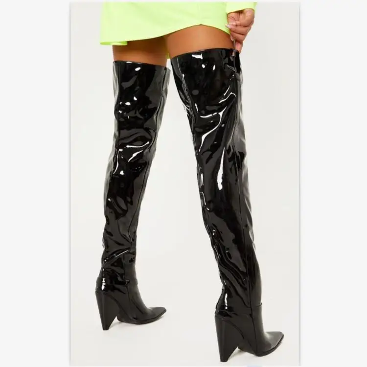 Shiny Black Patent Leather Winter Boots Women Thigh High Chic Pointed ...