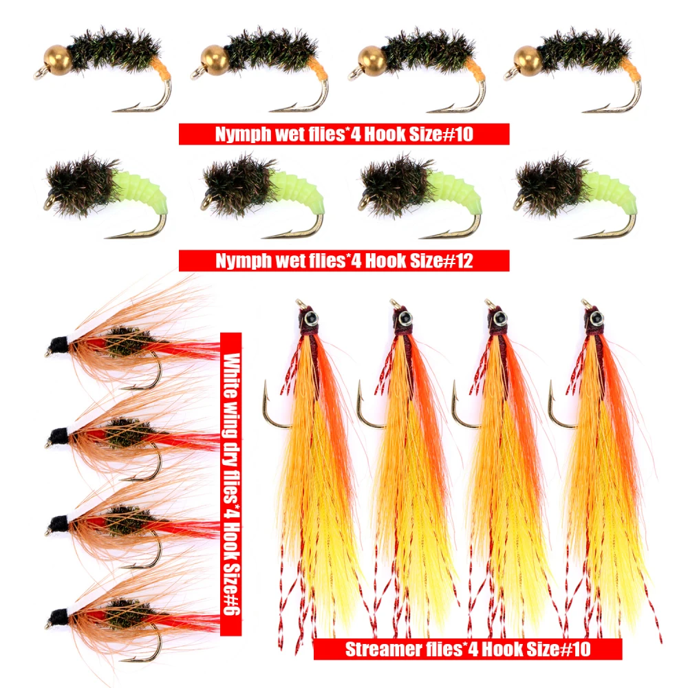 16 шт. набор мушек для ловли нахлыстом сухие/влажные мухи, нимфа и крючок под стример#10/#12 водонепроницаемый Карманный ящик для ловли форели