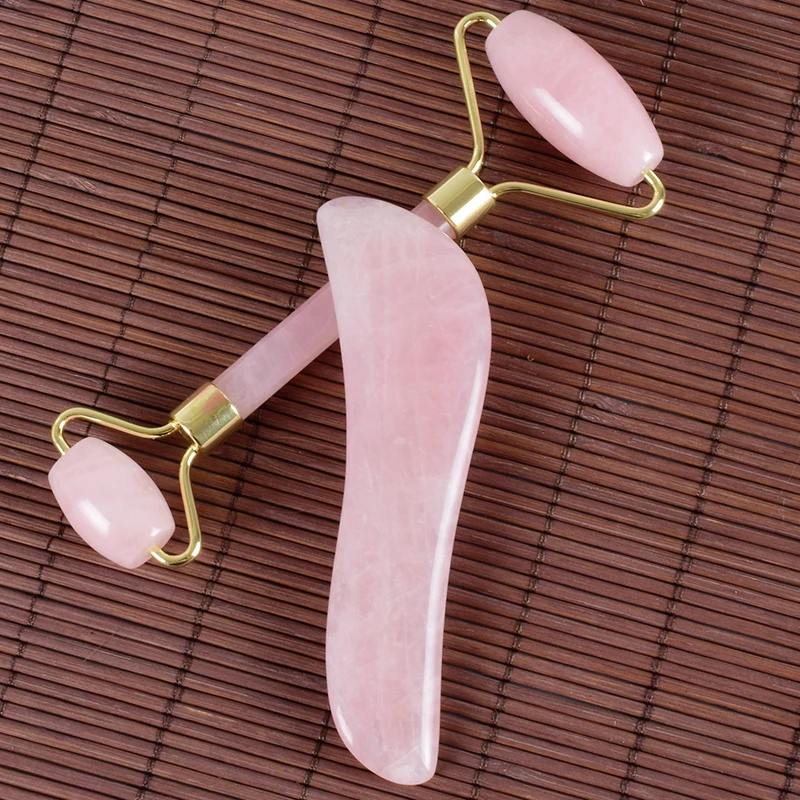 Розовый КВАРЦЕВЫЙ роллер для лица Gua sha набор инструментов натуральный камень спа